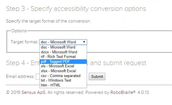 Drop-down menu of format options for accessibility conversion