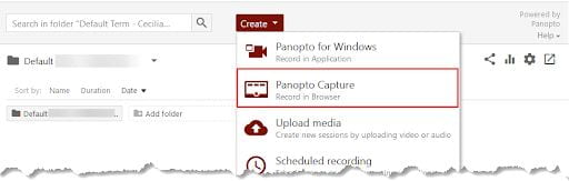 Panopto Create drop-down menu with Panopto Capture indicated