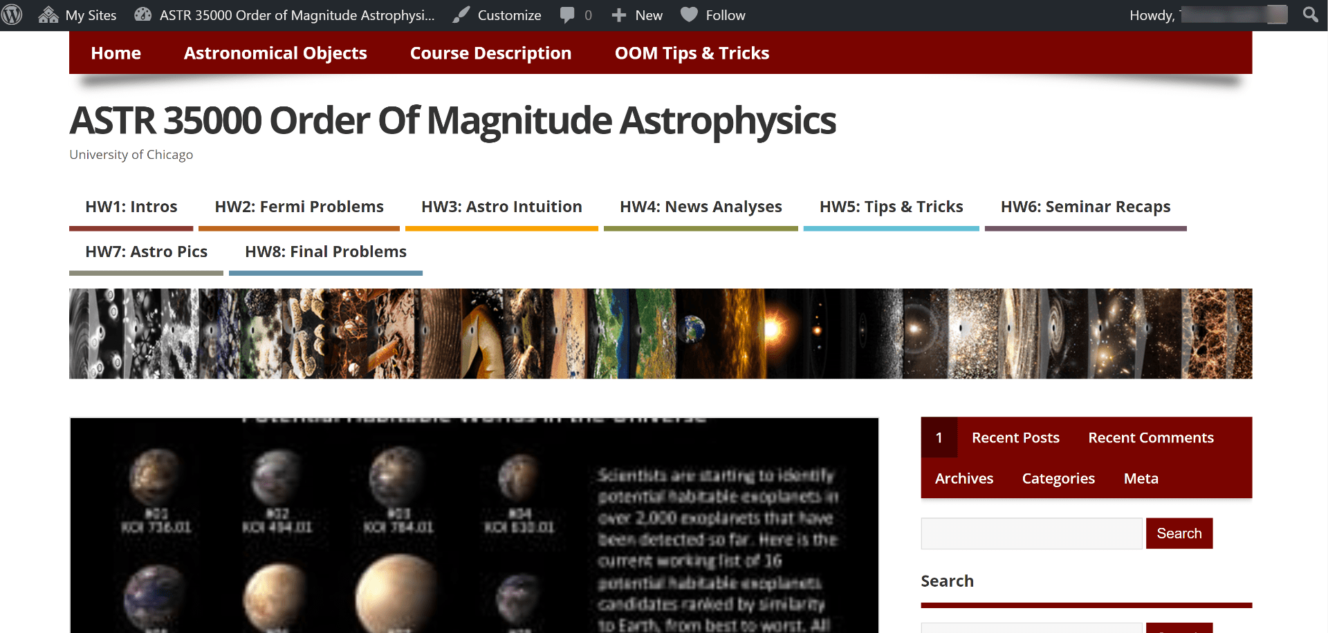 Home screen of Order of Magnitude Astrophysics course blog