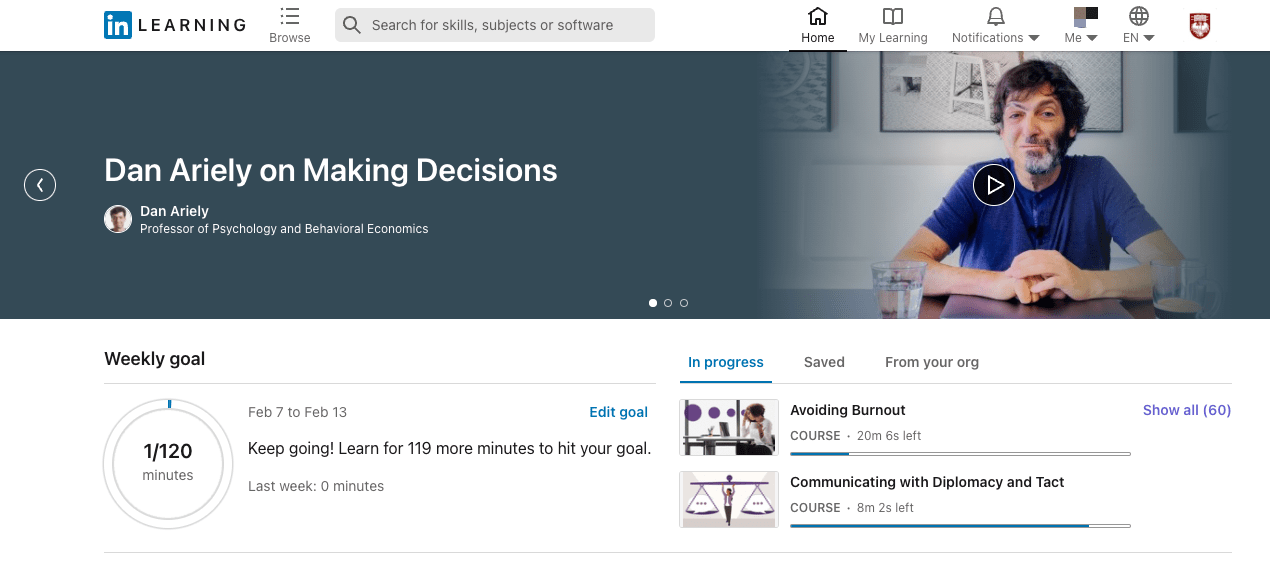 LinkedIn Learning Home Page