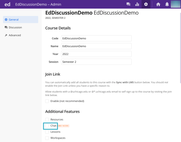 Screenshot of the General Admin page of Ed Discussion, with a box emphasizing the checkbox to enable Chat