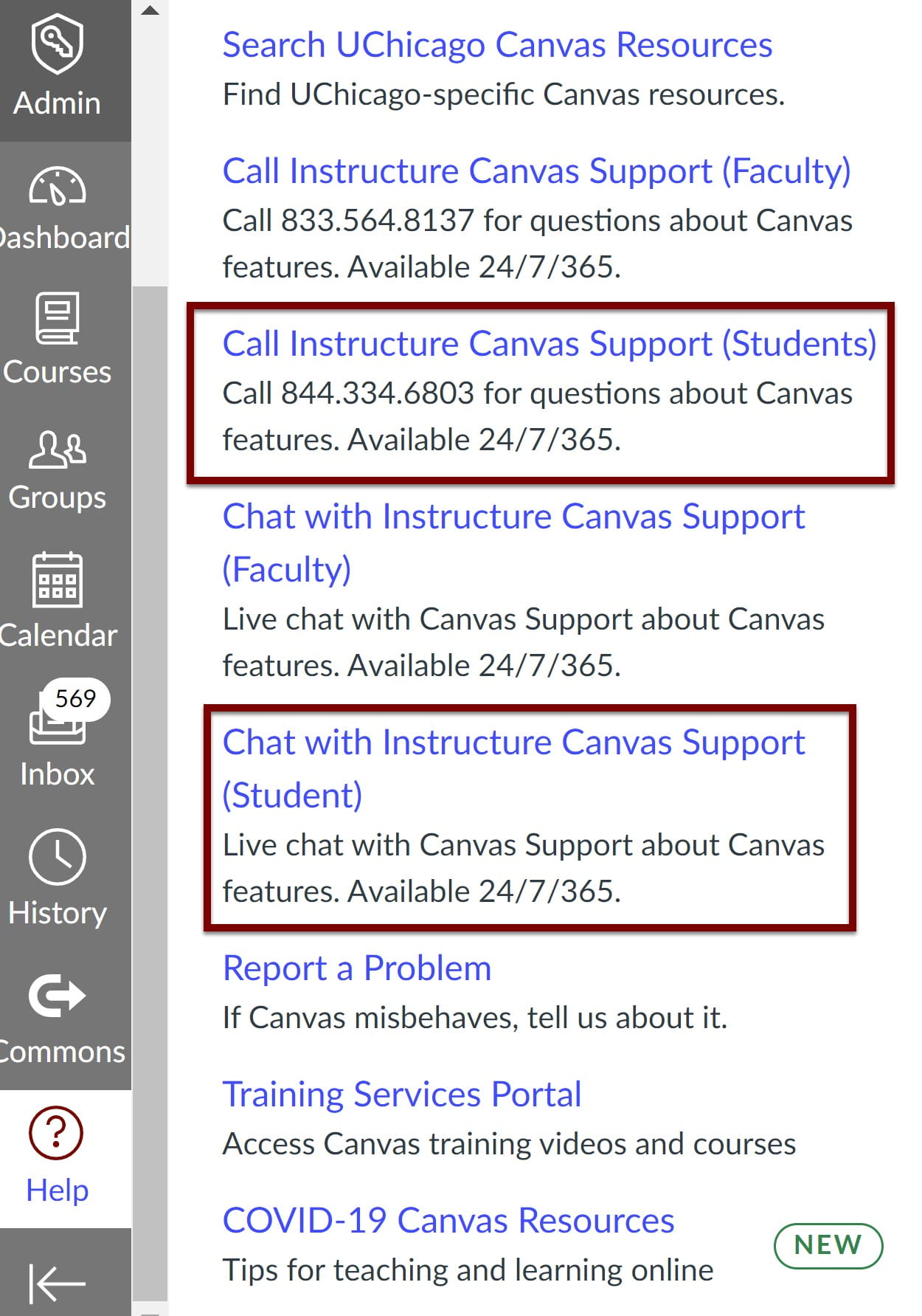 Canvas Help Menu with resources for students indicated