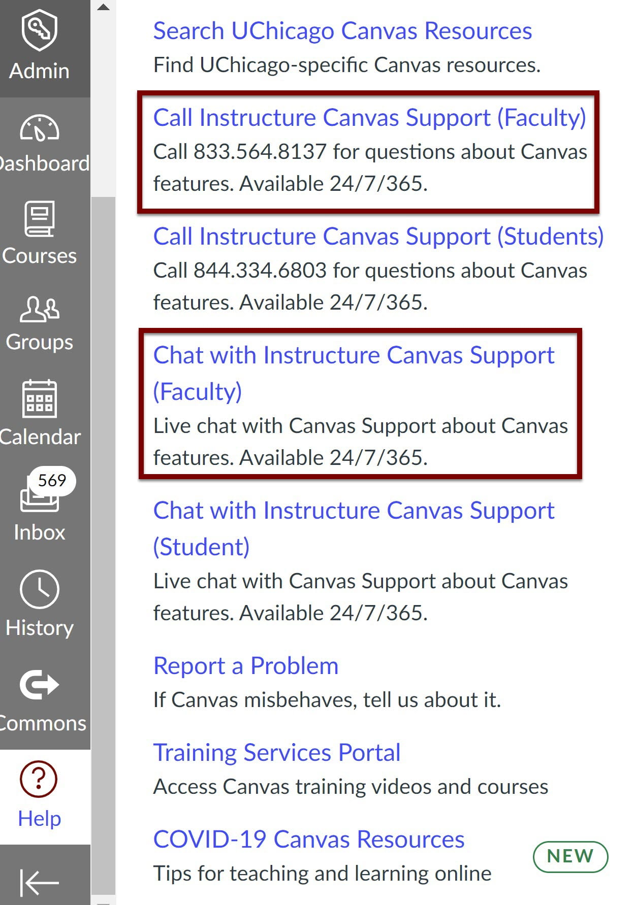 Canvas Help Menu with resources for faculty indicated