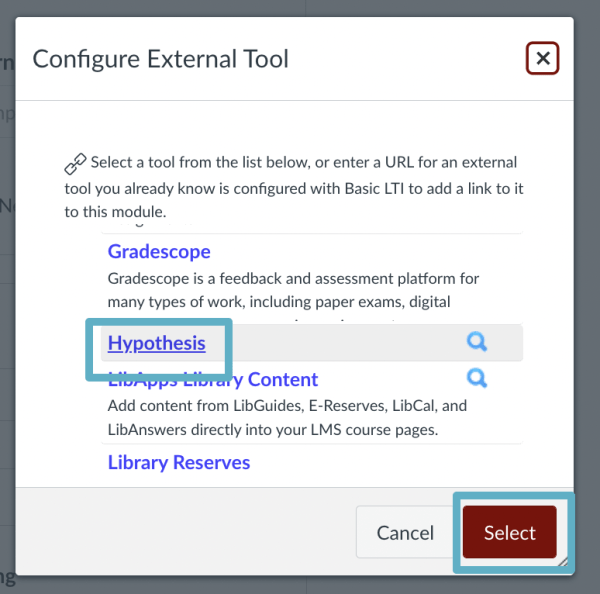 This image shows the options in the "configure external tool" menu in Canvas Assignments. Hypothesis is highlighted.