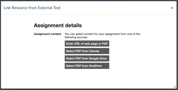 Image features a screenshot of the "Link Resource from External Tool" menu when setting up Hypothesis assignment. There are four options for document source: URL, Canvas PDF, Google Drive PDF, and OneDrive PDF.