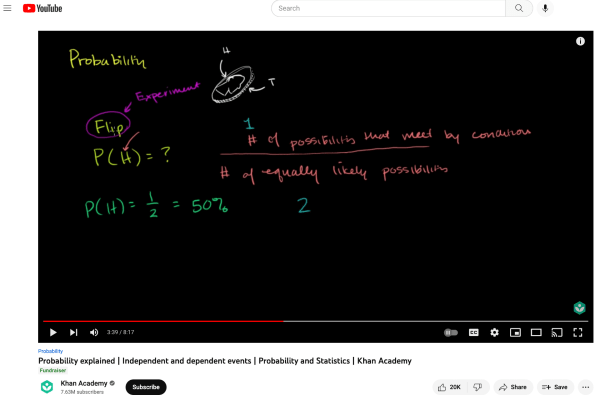 Screenshot of Khan Academy video on YouTube. The video shows handwritten probability calculations demonstrated using a blackboard function.