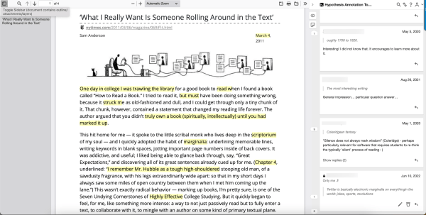 Screenshot of a New York Times article with marginal annotations created in Hypothesis.