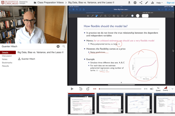 Screenshot of a microlecture by Professor Guenter Hitsch in Panopto, featuring instructor video, slides in another video pane, and chapter separations to aid navigation.