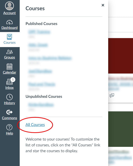 Canvas Menu with Courses Selected and All Courses Highlighted