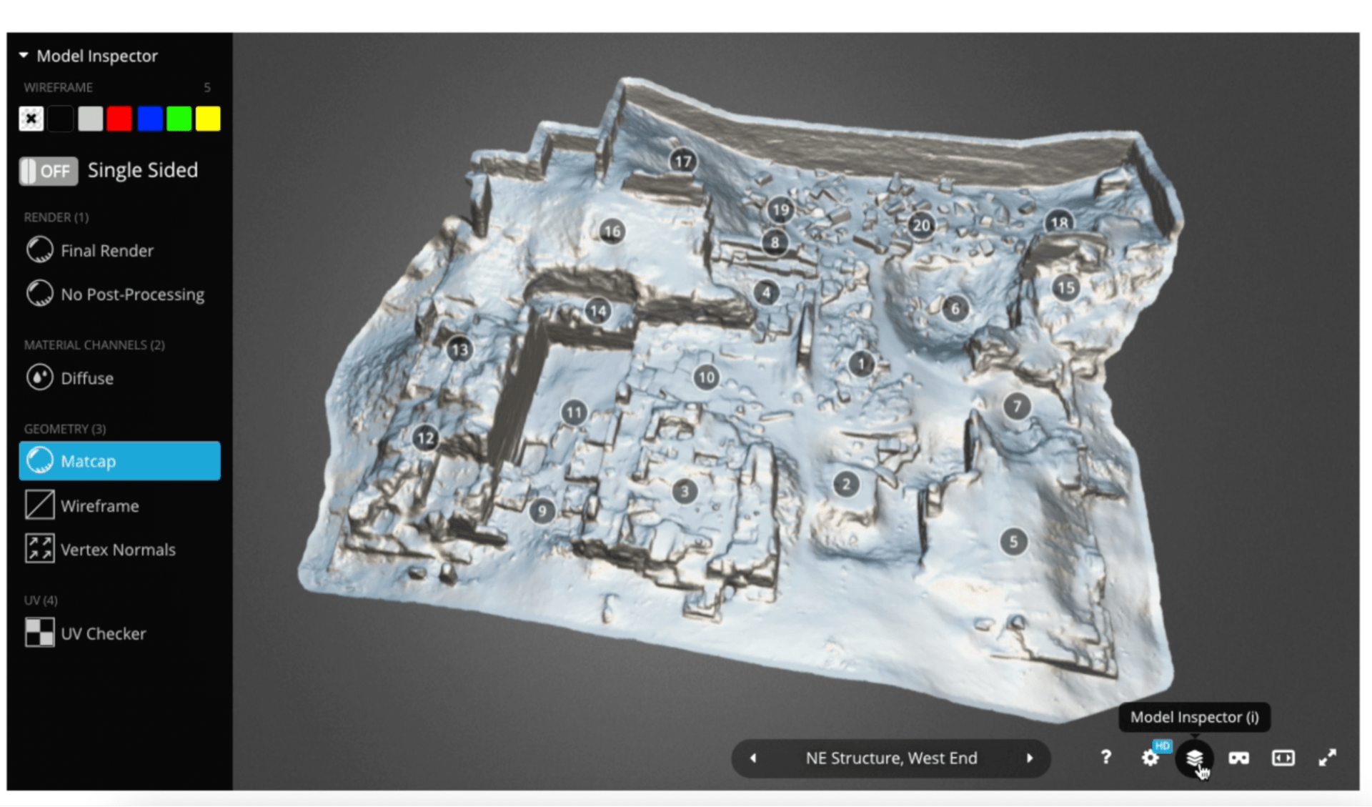 A rendering of the Western High Gate of Medinet Habu on a grey background, illustrated in Sketchfab. The model features small numbers on distinct features, and an open sidebar offers a range of options for model inspection. 