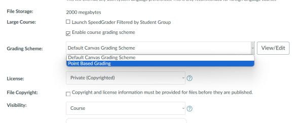 screenshot of the course grading dropdown menu with the previously created grading scheme selected.
