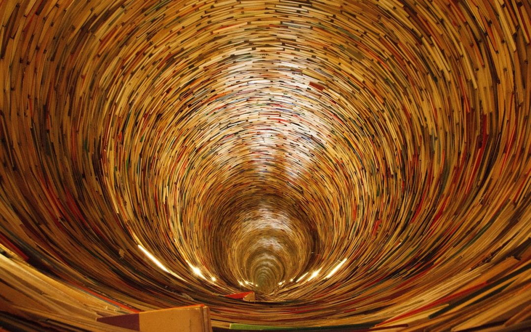 Photograph of a vertical tunnel made of books