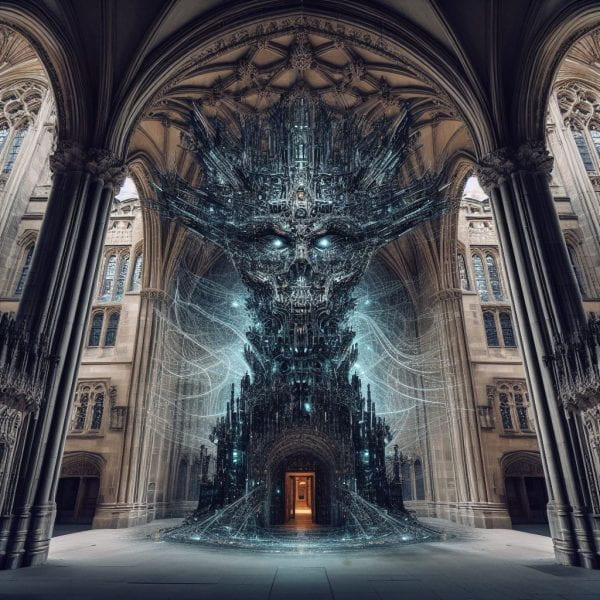 AI Generated image of a gothic university building being subsumed by sinister looking technology. A malevolent robotic face hovers over the door to a college building.