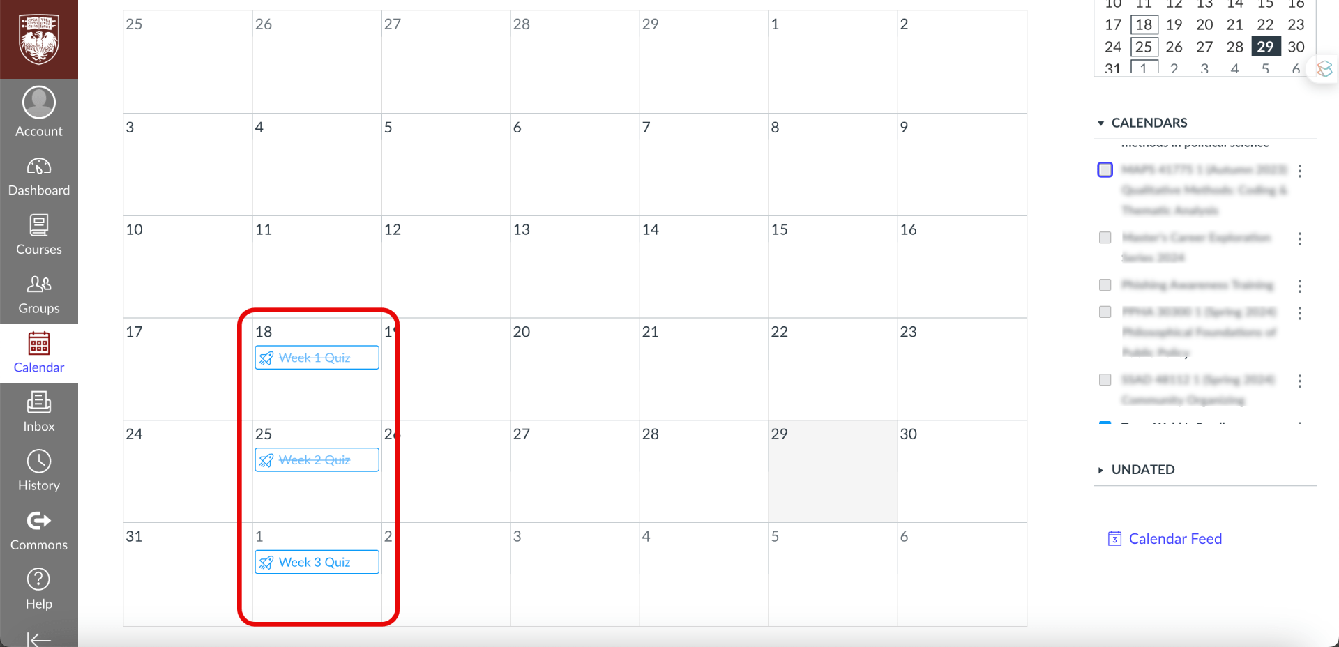 Screen shows a canvas calendar with due dates for quizzes listed. 