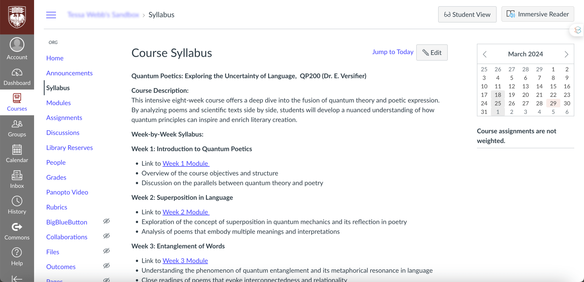 A course syllabus on a canvas page shows a course description and a week by week syllabus with links to modules for each week. 