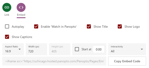 Dialog box for Panopto embed settings with Autoplay Off and Show Captions On selected